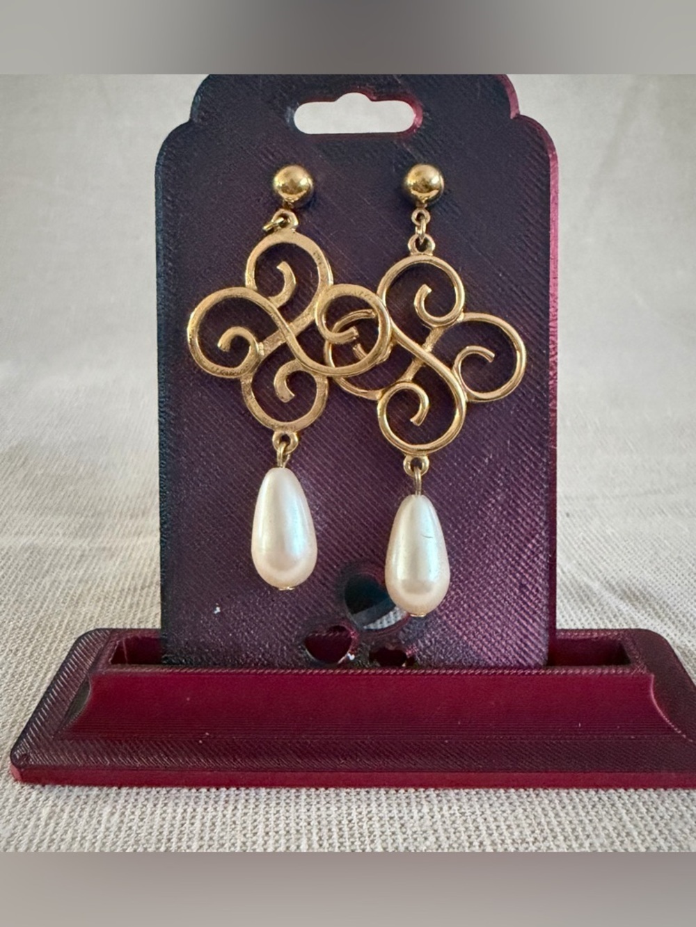 Gold Filigree Drop Earrings with Pearl Teardrops